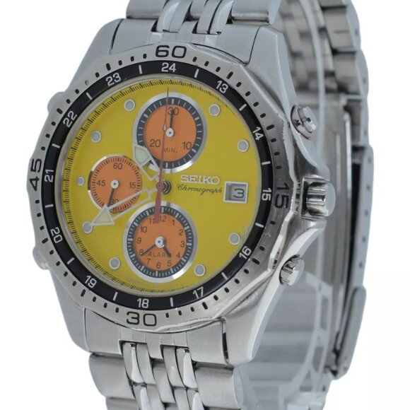 Rare Men's Seiko Chronograph Alarm 1998 Nagono Olympics Yellow Watch 7T32-7C70! - Picture 2 of 11